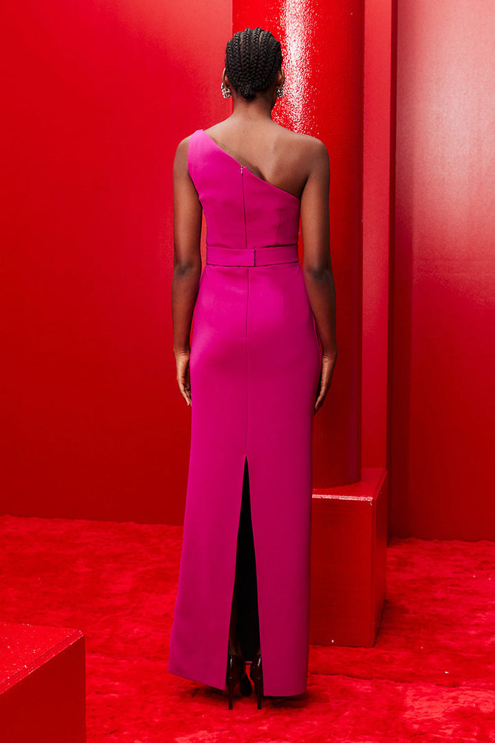 asymmetric one-shoulder gown with cape sleeves – FUCHSIAE