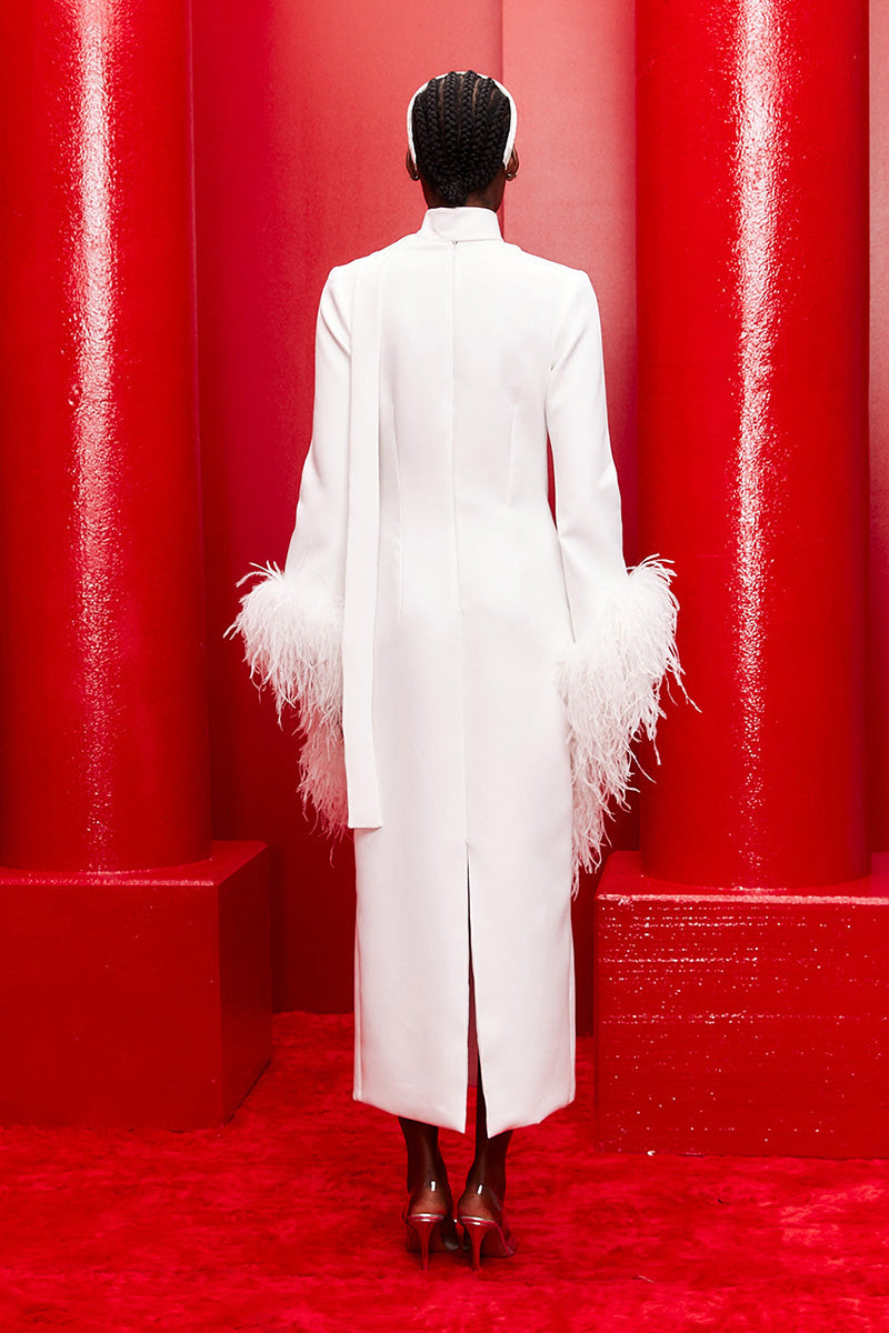 high-neck midi gown with feathered sleeves – IVORYE