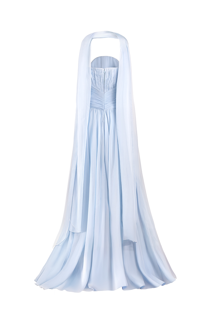 strapless pleated chiffon gown with scarf detail – SKYE