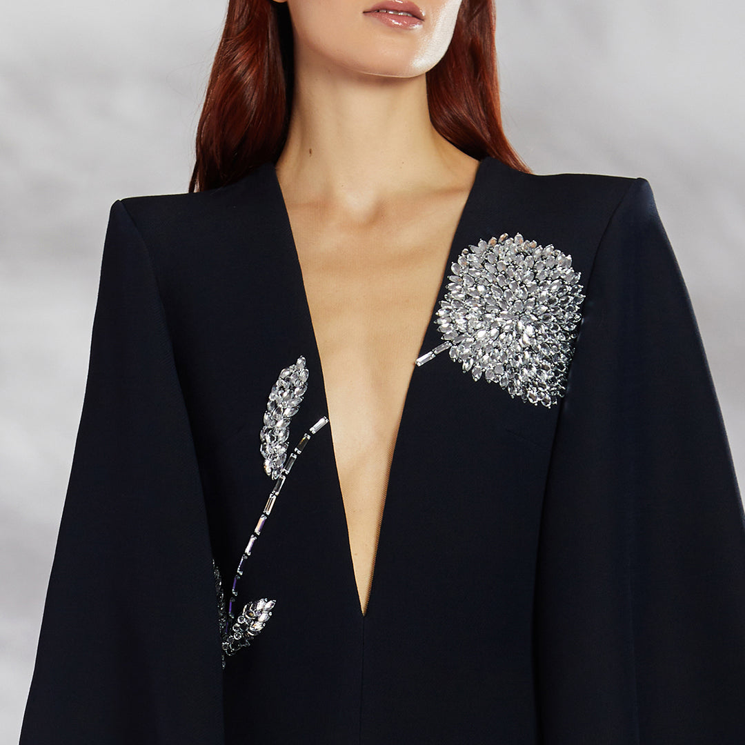 deep-V gown with crystal floral appliqué – NOIRÉ