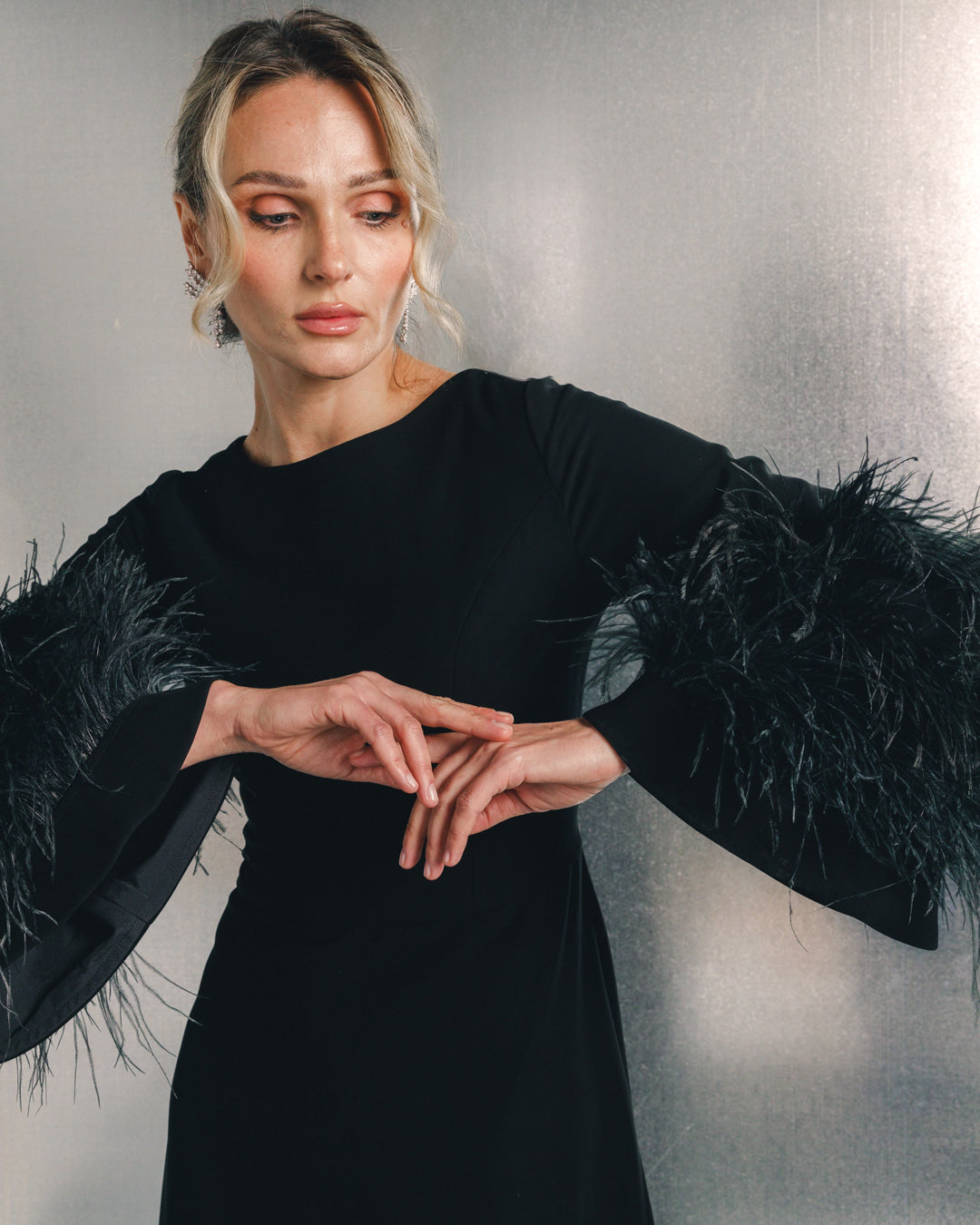 long-sleeve evening gown with feather cuffs – SCARLETT