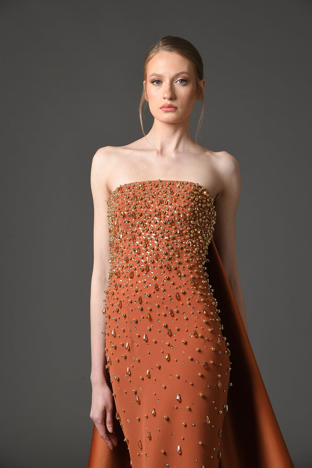 strapless crystal-embellished column gown with dramatic train – AUREXIA