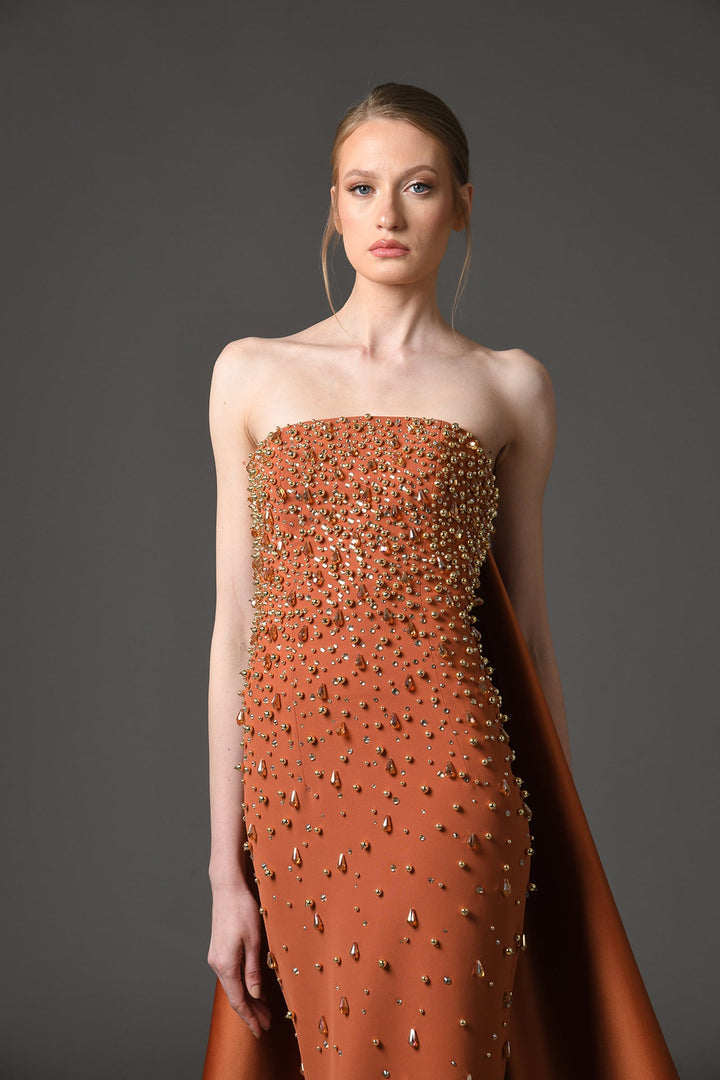 strapless crystal-embellished column gown with dramatic train – AUREXIA