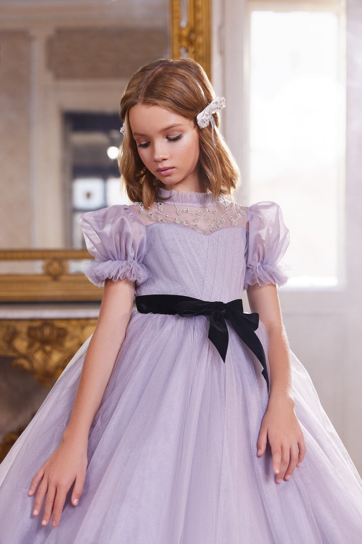 Sheer Tulle Ball Gown with Puff Sleeves and Velvet Bow – VIOLET