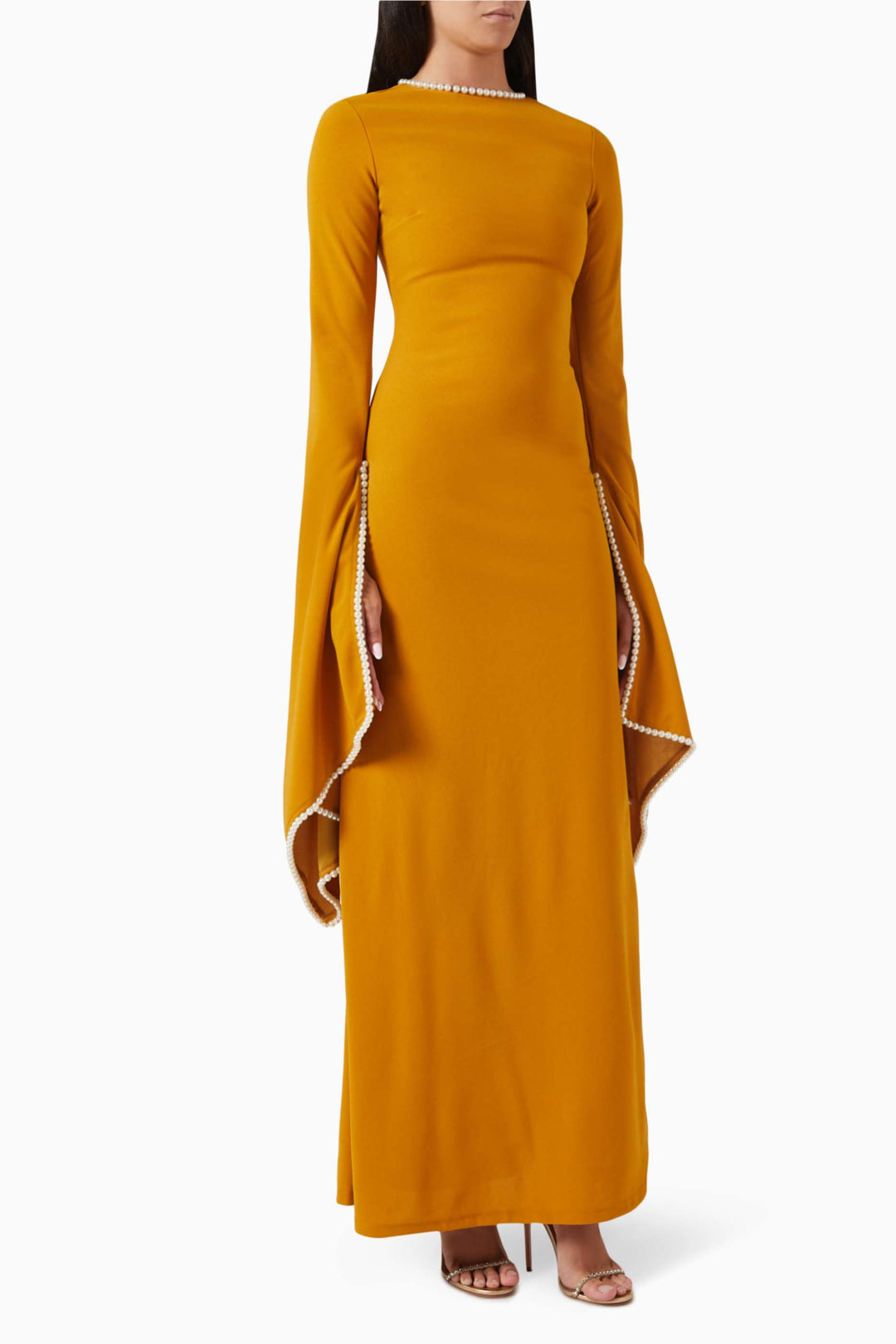 long-sleeve gown with pearl-trimmed flared cuffs – OPHELIA