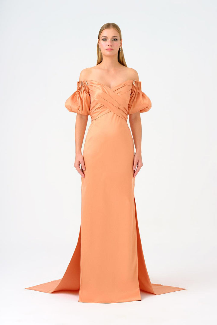 off-shoulder satin gown with puff sleeves – AURELIA