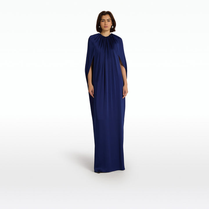 High-neck cape sleeve satin gown – CELESTE