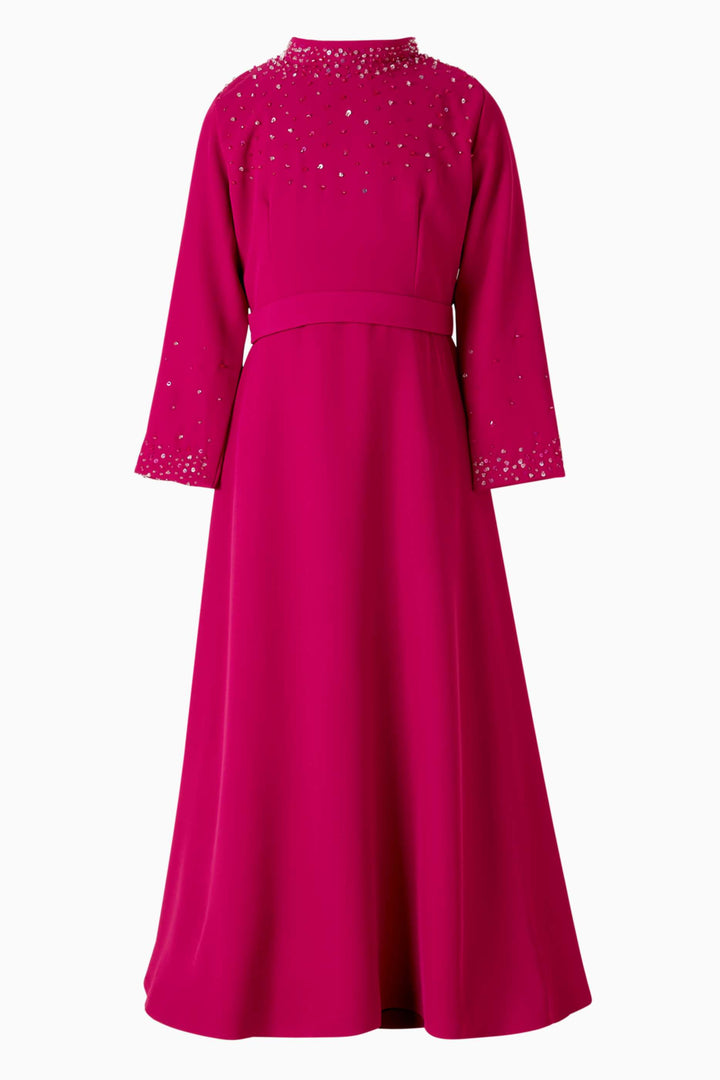 High-Neck Embellished Maxi Dress with Long Sleeves – AMARA