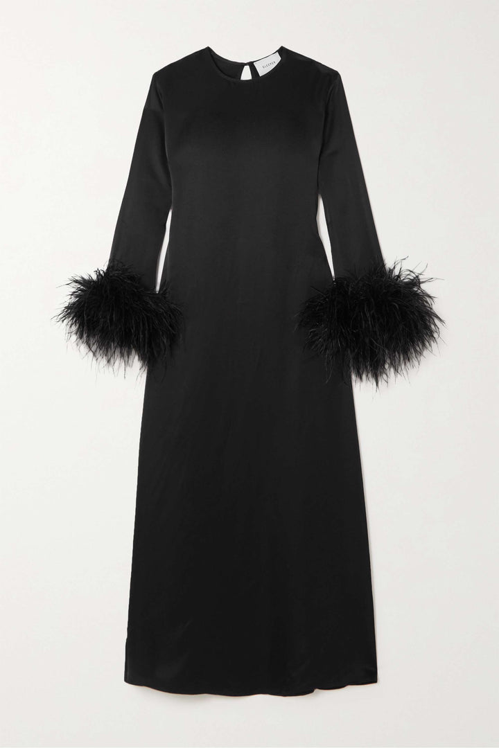 satin midi dress with feather cuffs – NOIR PLUME
