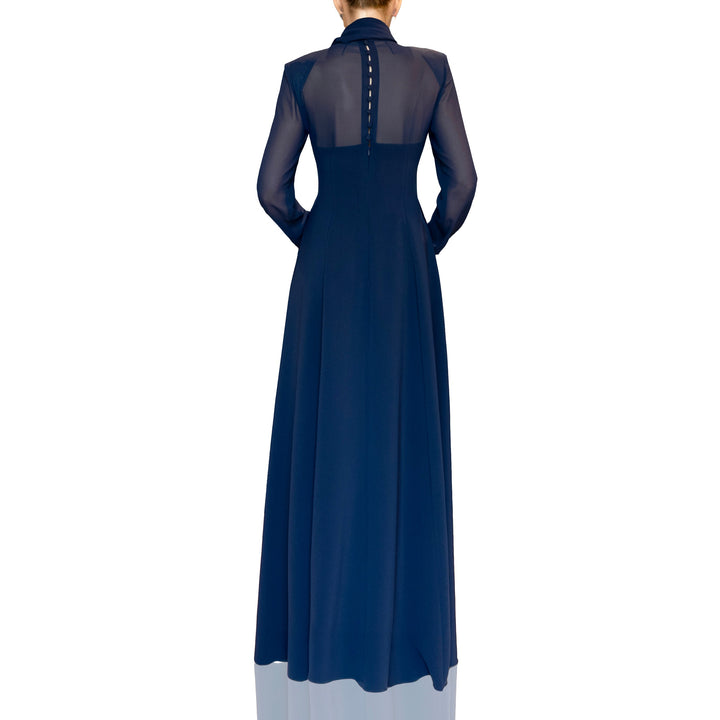 long-sleeve chiffon-draped gown with high neckline – AMARA