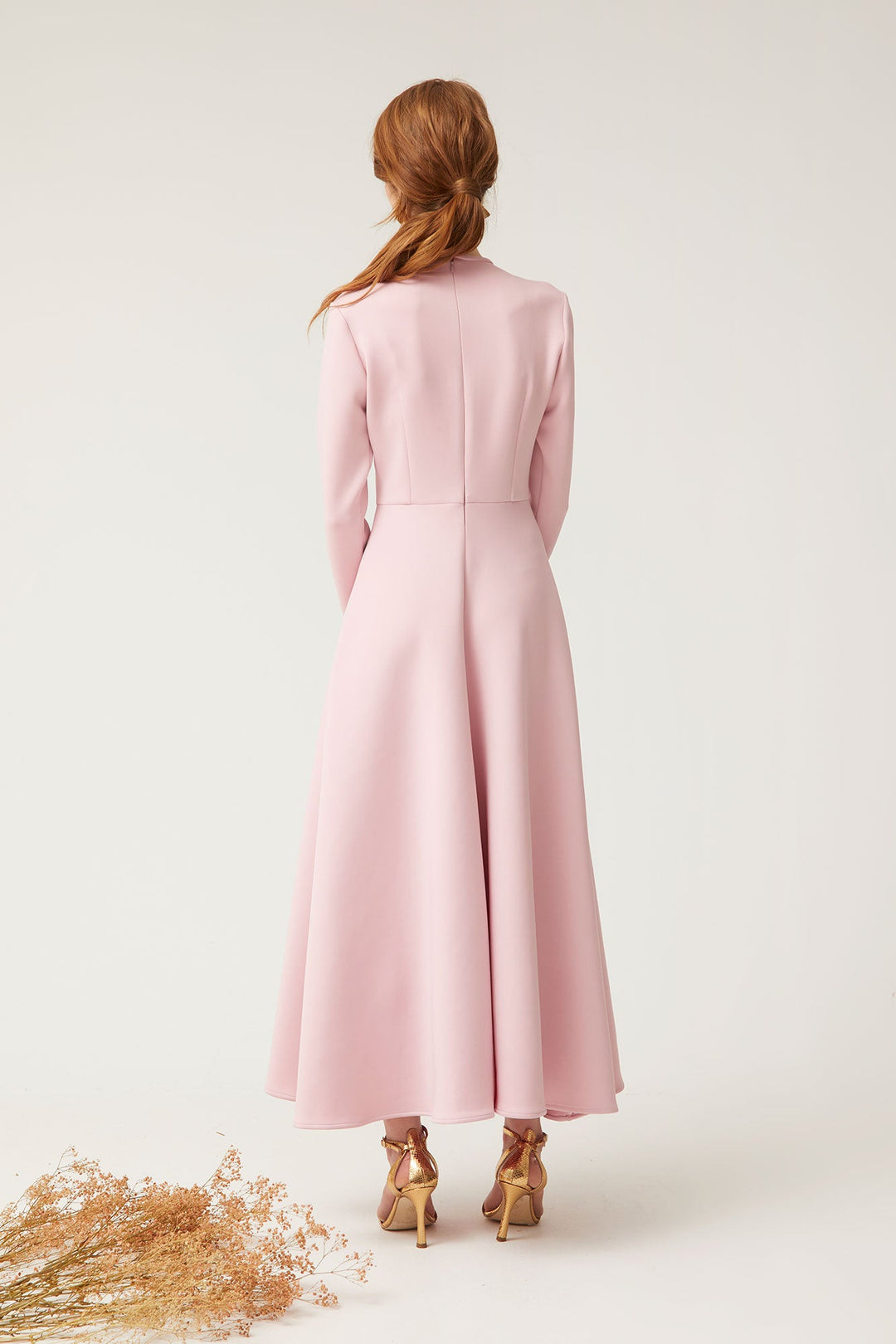 long-sleeve midi dress with bow accents – VERENA