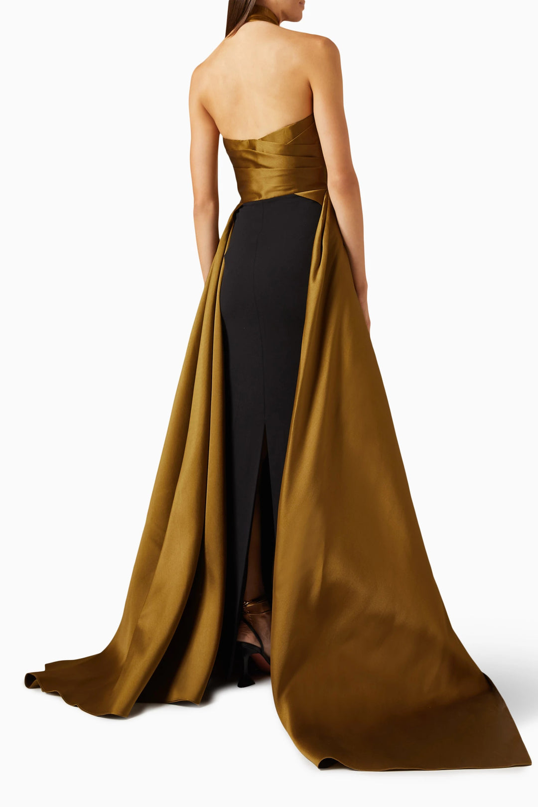 halter-neck satin gown with draped overlay – SCARLET