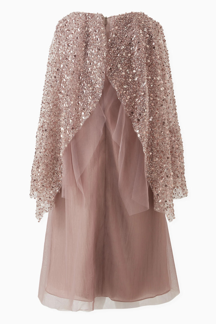 Beaded Cape Overlay Midi Dress with Button Back – ROSE