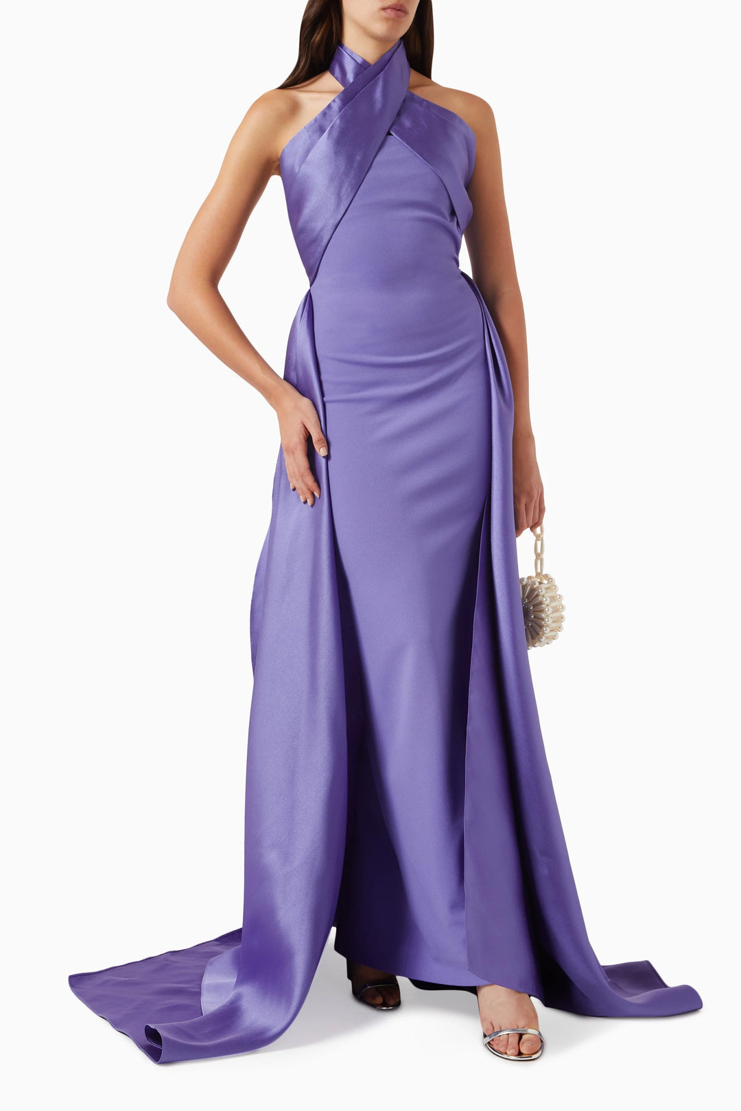 halter-neck satin gown with draped overlay – SCARLET