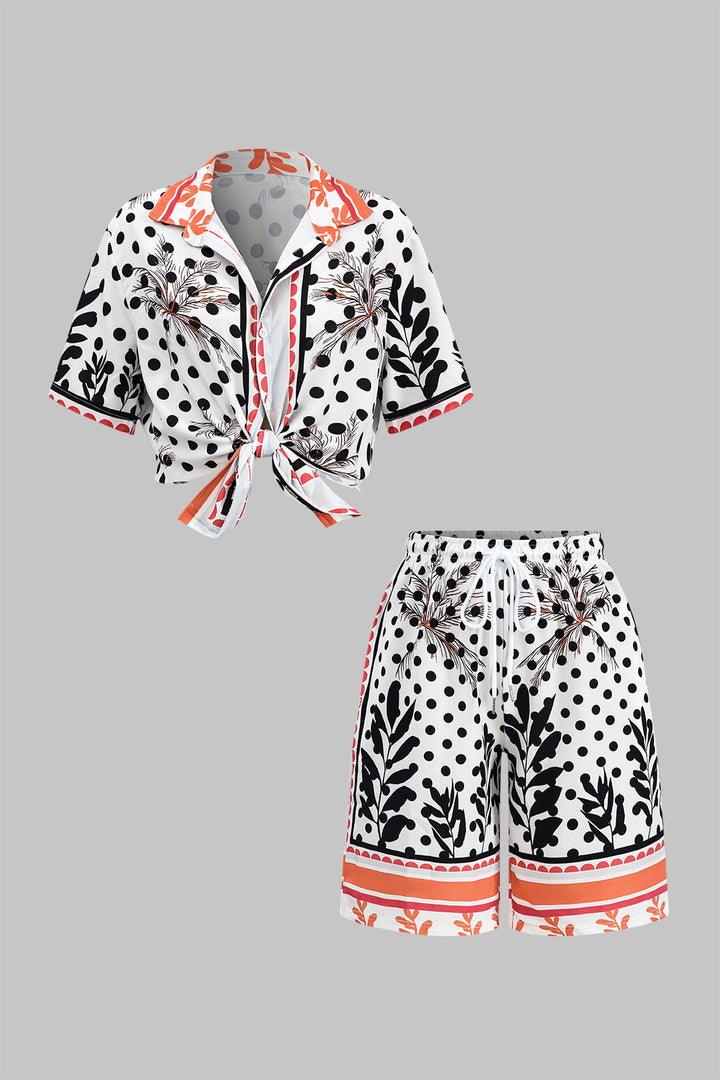 Polka Dots Print Button Short Sleeve Shirt And Ruched Tie Front Shorts Set