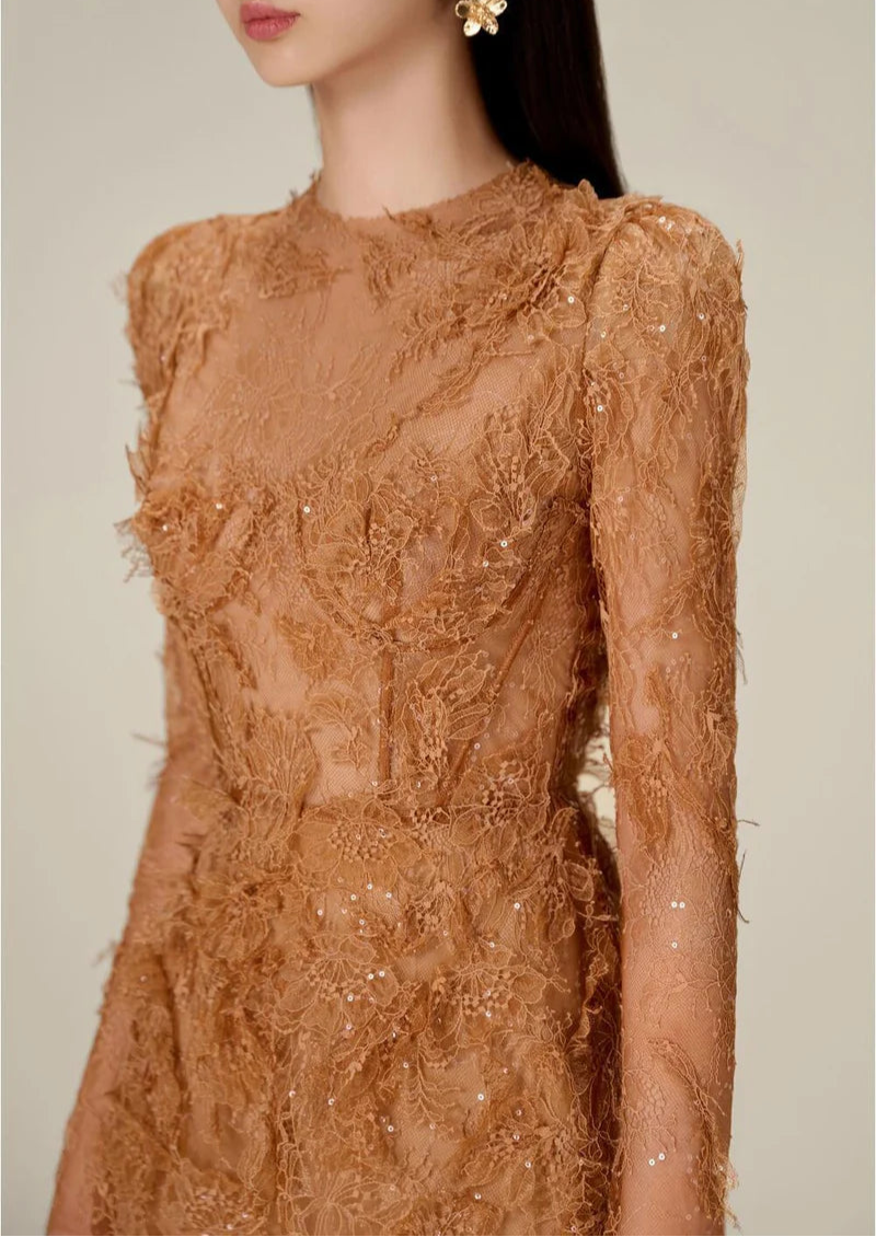 long-sleeve lace mini dress with sheer bodice – ELODIEZU