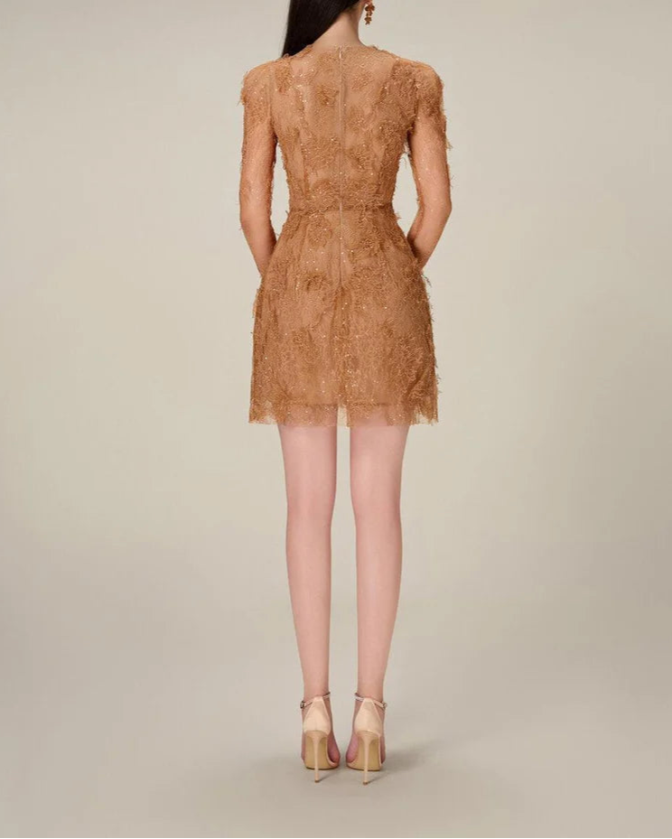 long-sleeve lace mini dress with sheer bodice – ELODIEZU