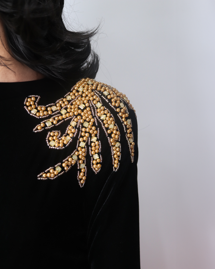 Long sleeve black velvet column dress with back neckline - odd-Shevalini