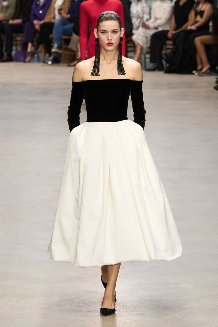 off-shoulder velvet top dress with satin pleated skirt – NOIR BLUE