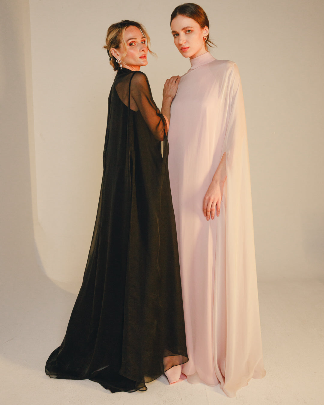 sheer cape maxi gown with high neckline – BLUSH