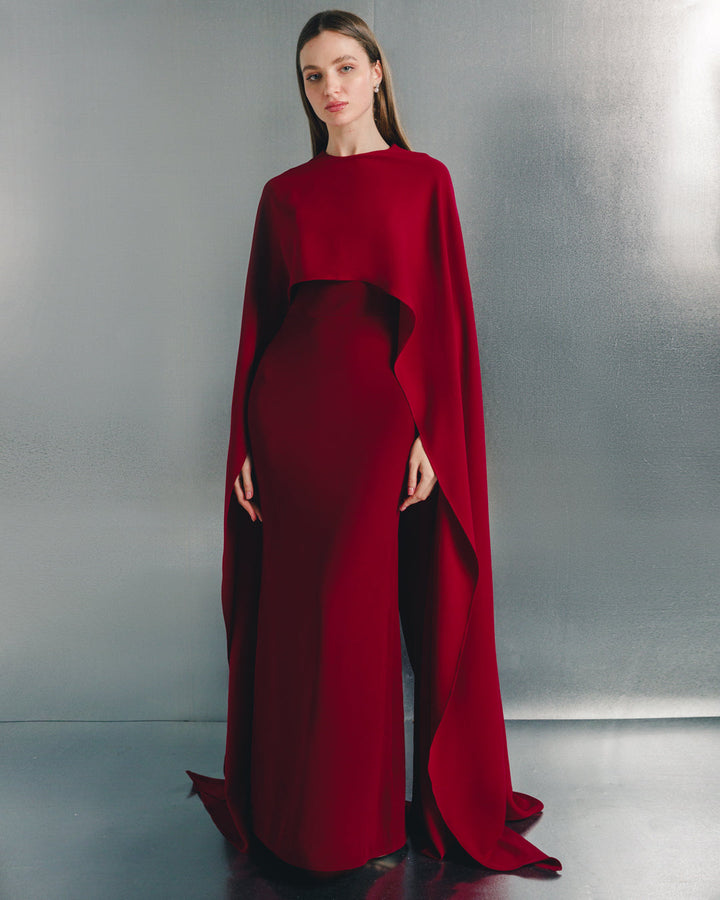 cape-sleeve column evening gown – CRIMSONA