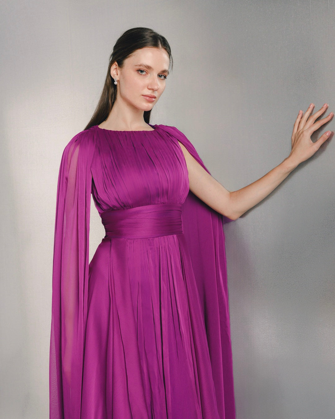 pleated chiffon cape evening gown with defined waist – VIOLETTA