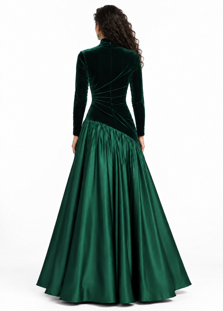 Velvet Draped Satin Maxi Dress - Emerald