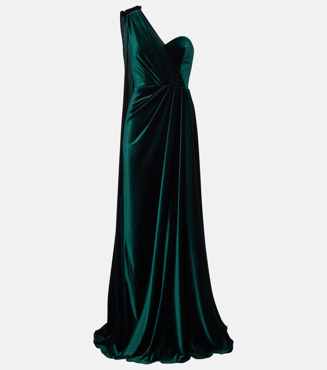 One-shoulder velvet gown with draped cape – EMERALDA