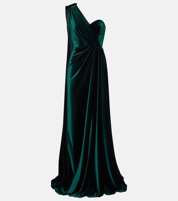 One-shoulder velvet gown with draped cape – EMERALDA