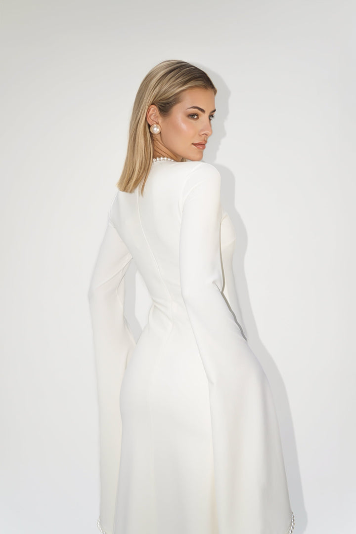 long-sleeve gown with pearl-trimmed flared cuffs – OPHELIA