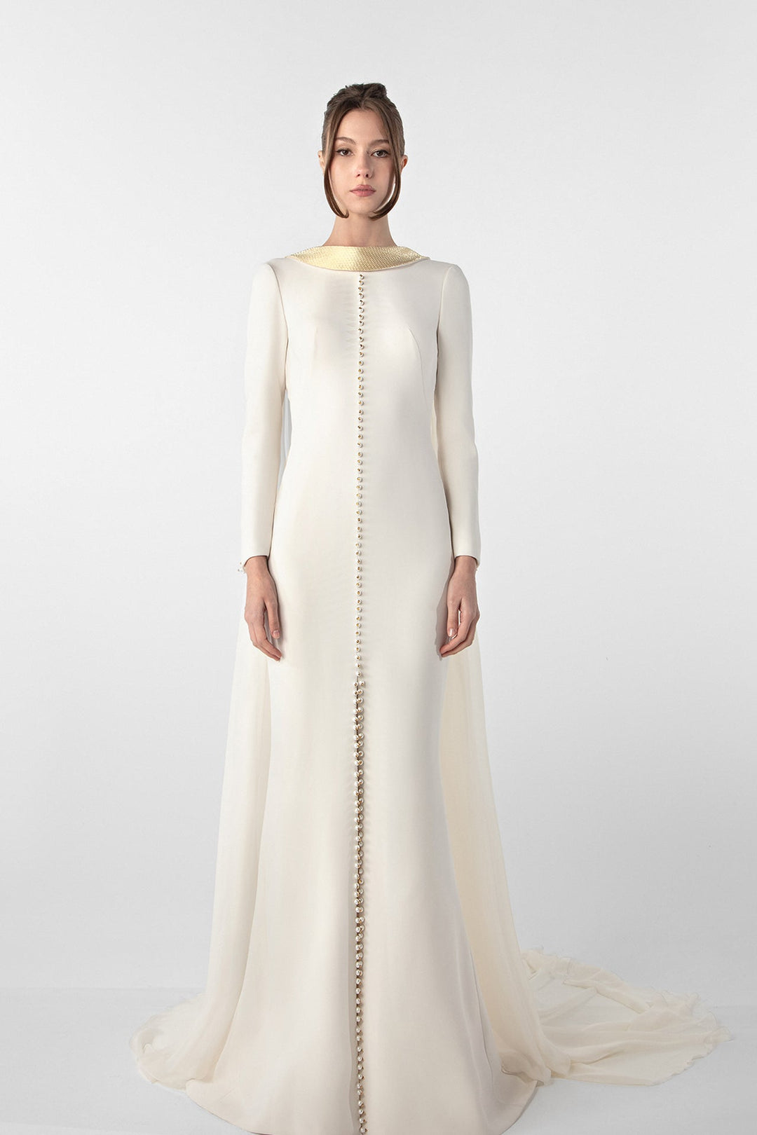 long-sleeve column gown with pearl button front – AURELIA