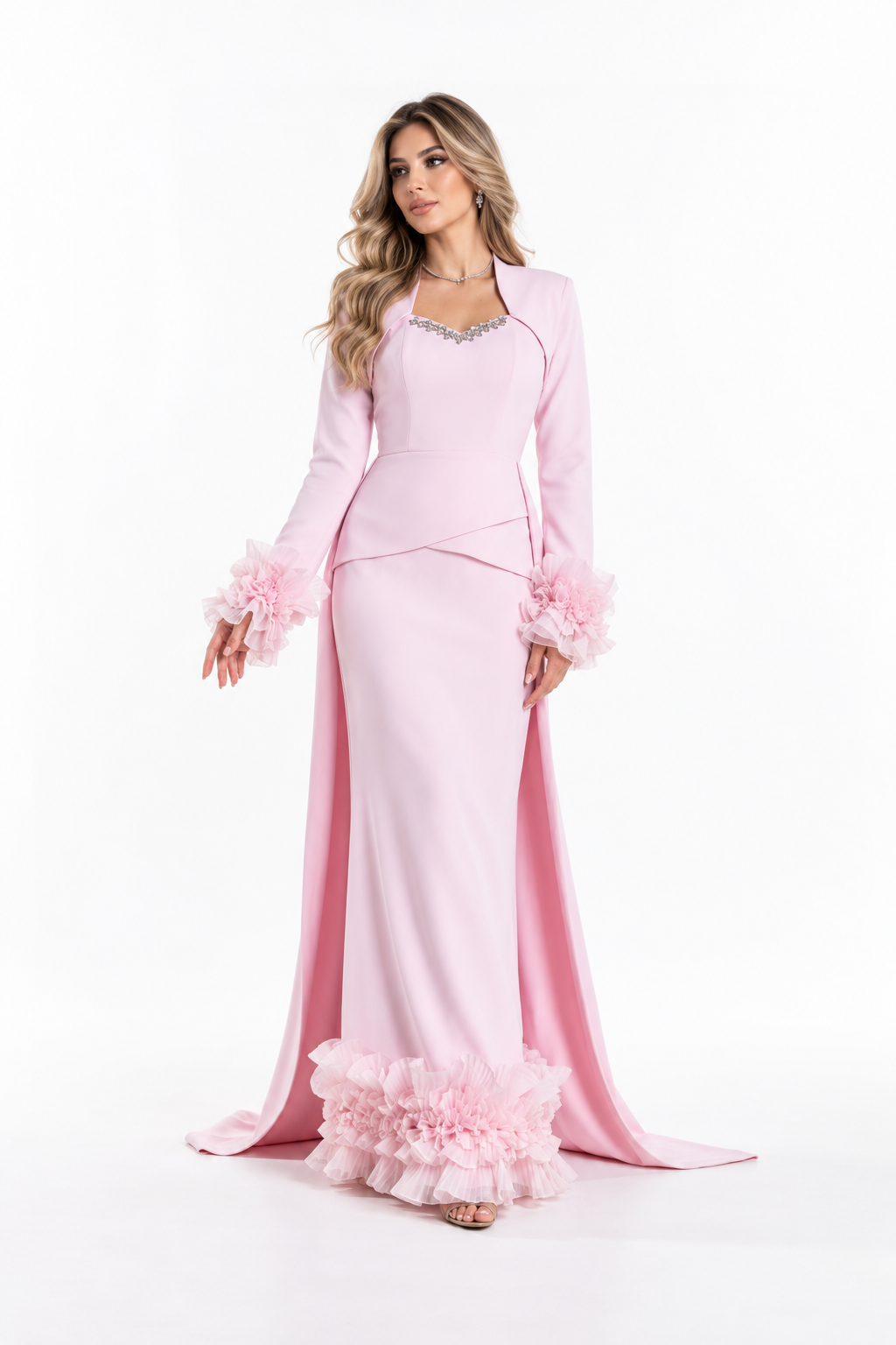 Crystal Neckline Floral Cuff Evening Gown - Reverie