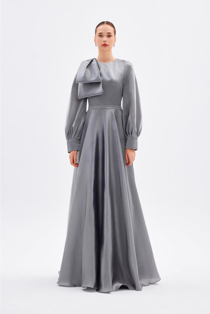 long-sleeve satin gown with sculpted shoulder bow – FUCHSIAE