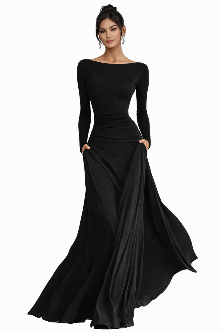 ruched waist long-sleeve flowing maxi dress – NOCTURNE