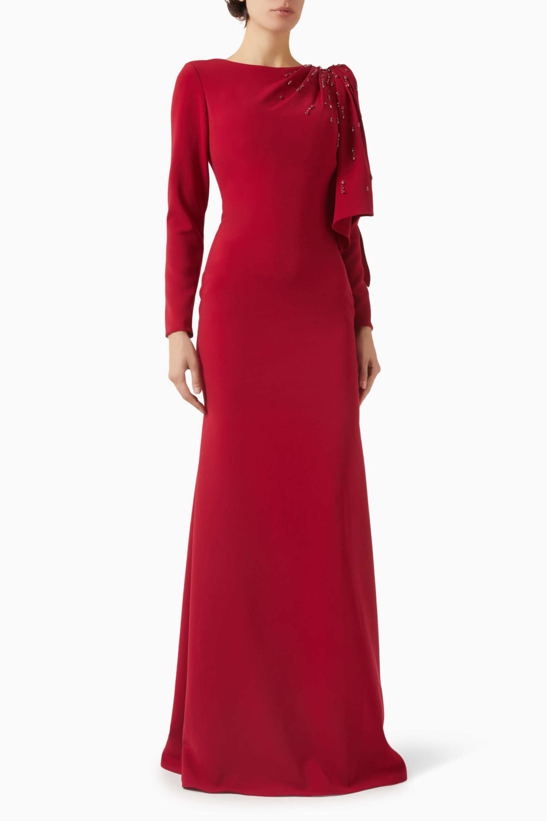 embellished draped-shoulder column gown – RUBINA