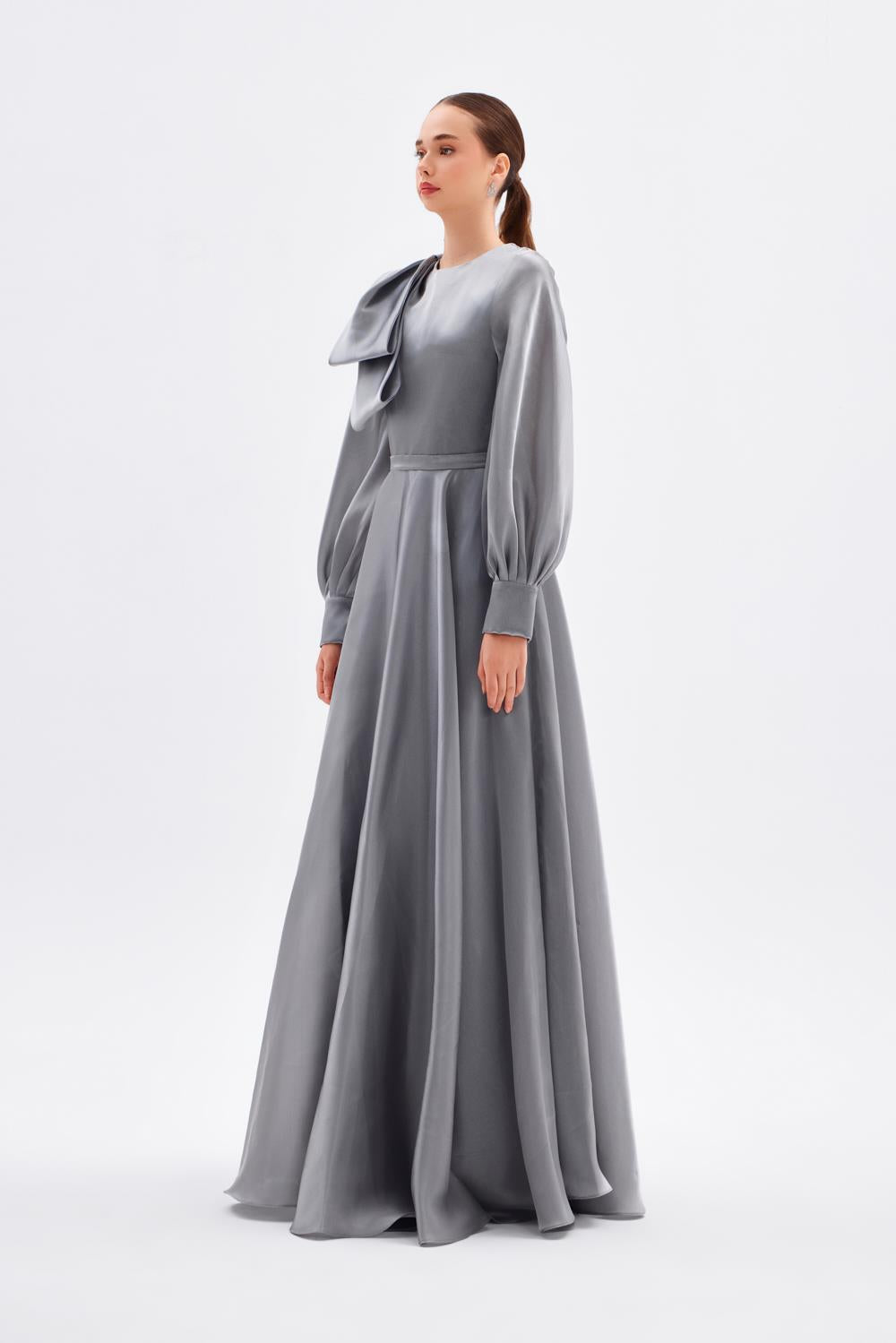 long-sleeve satin gown with sculpted shoulder bow – FUCHSIAE