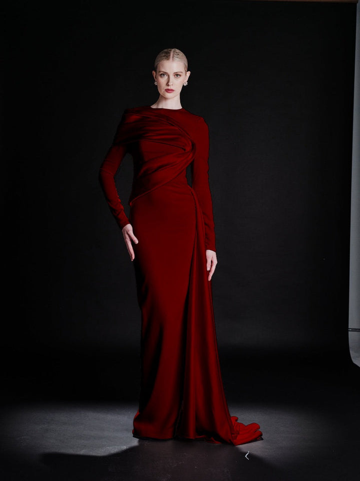 long-sleeve draped column evening gown – RUBINA