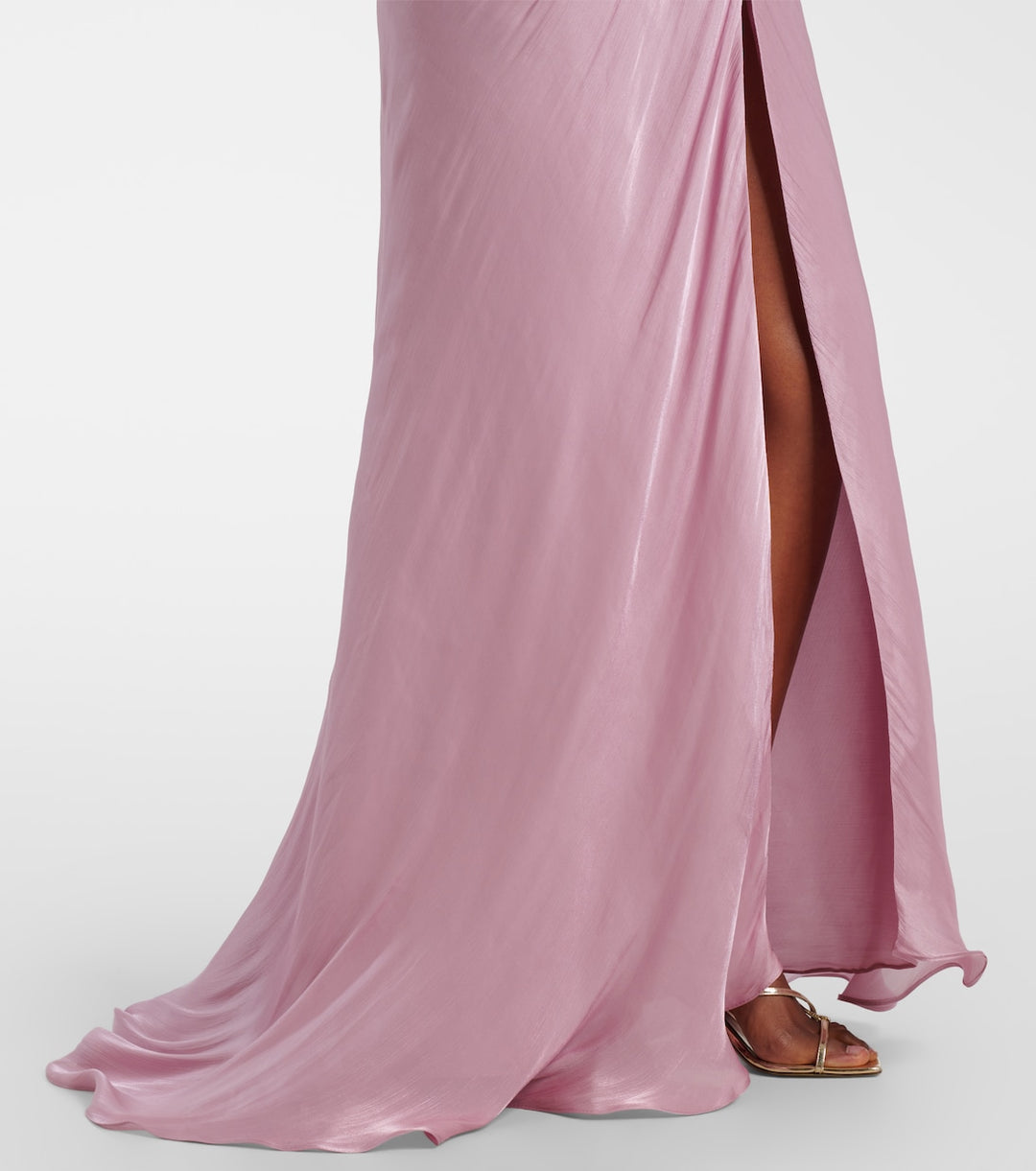 ruched satin gown with ruffled sleeves – EMERALD