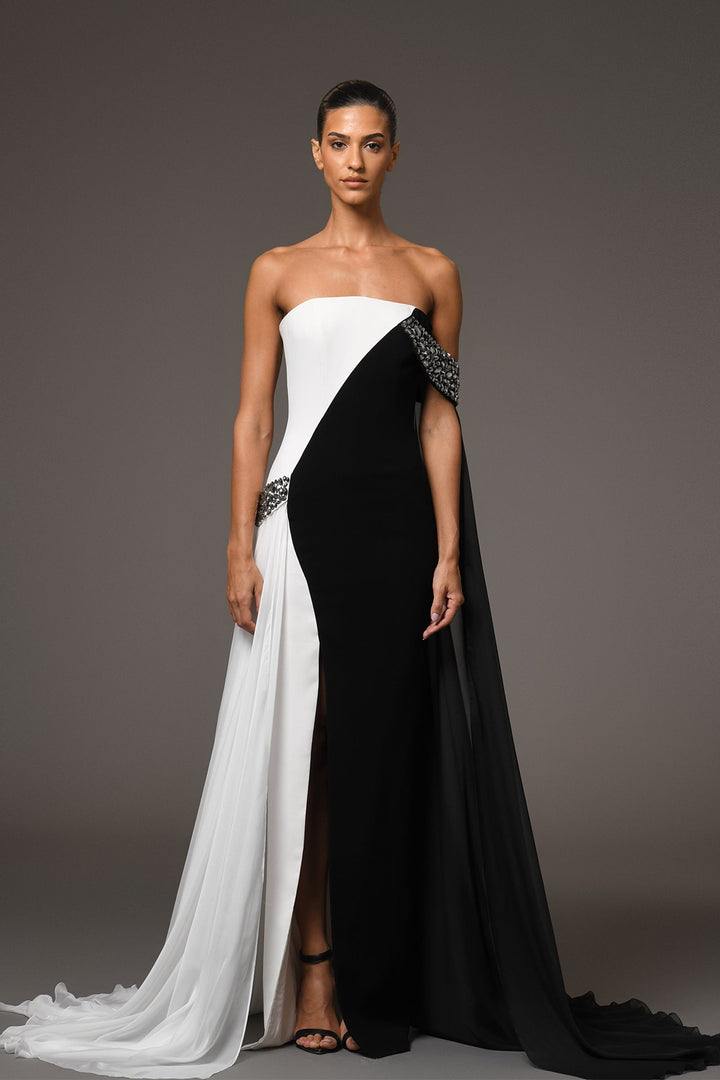 strapless monochrome gown with crystal accents – NOIRÉ