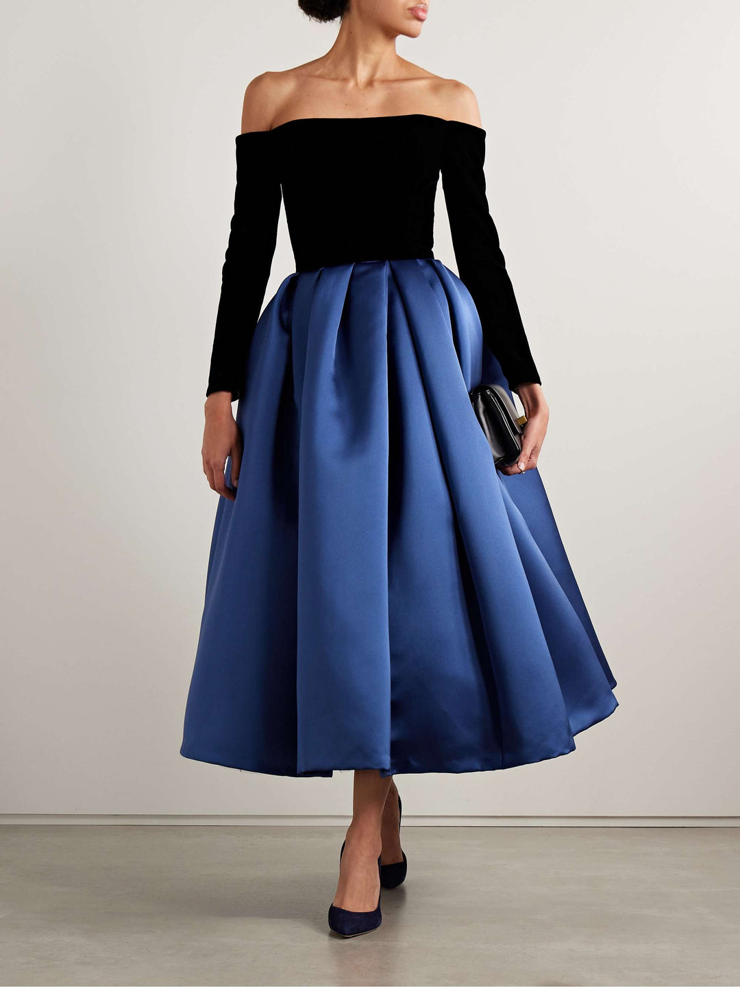 off-shoulder velvet top dress with satin pleated skirt – NOIR BLUE
