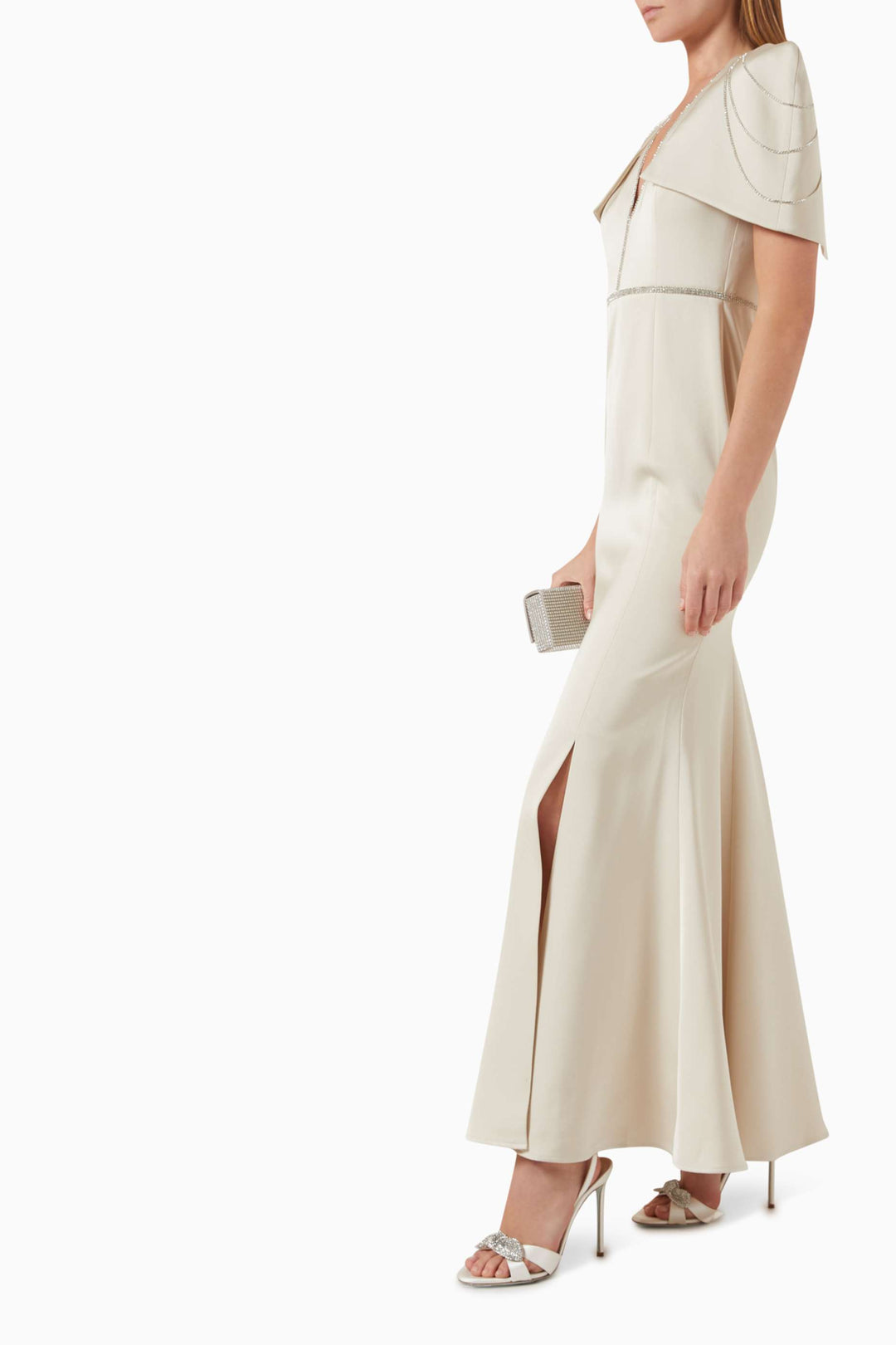 structured shoulder gown with crystal trim – IVORY