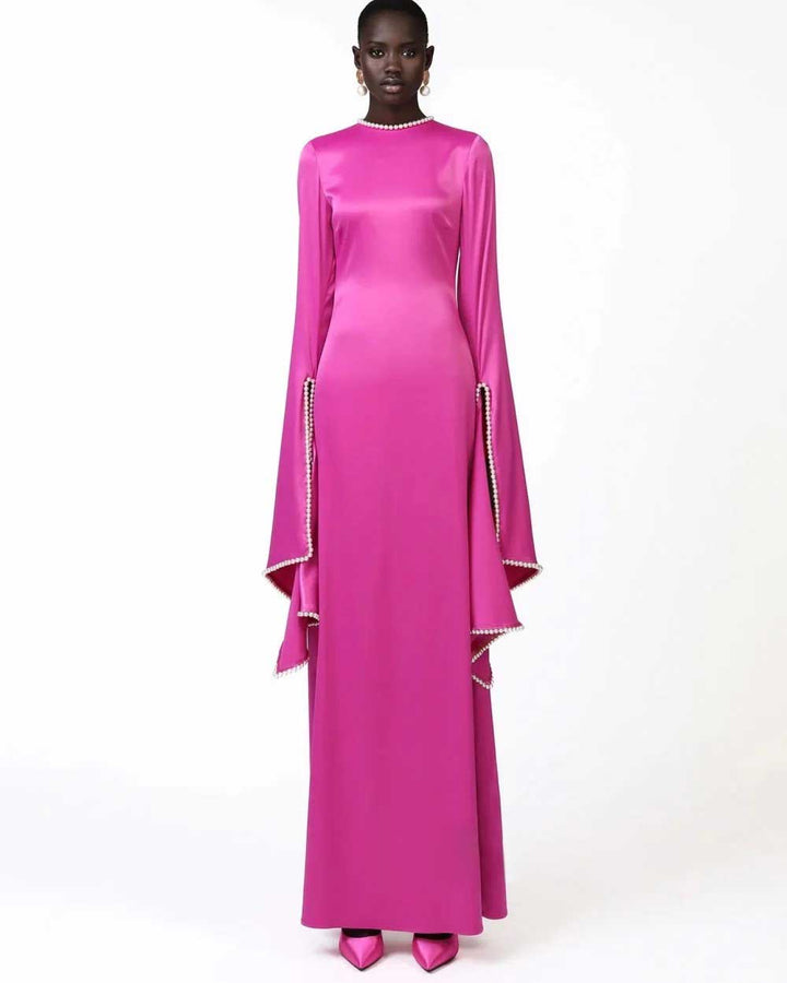 long-sleeve gown with pearl-trimmed flared cuffs – OPHELIA