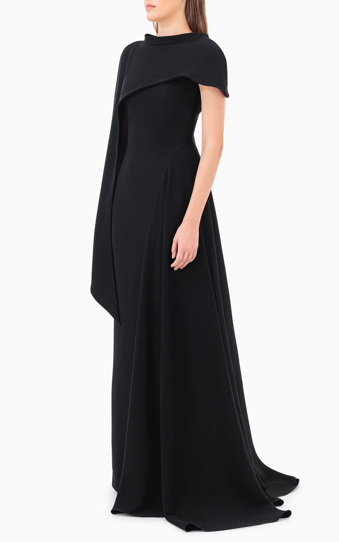 asymmetric draped gown with sculpted shoulder cape – NOIR
