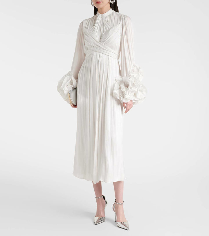 pleated chiffon midi dress with floral cuffs – FUCHSIA