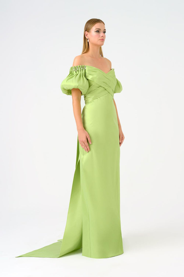 off-shoulder satin gown with puff sleeves – AURELIA