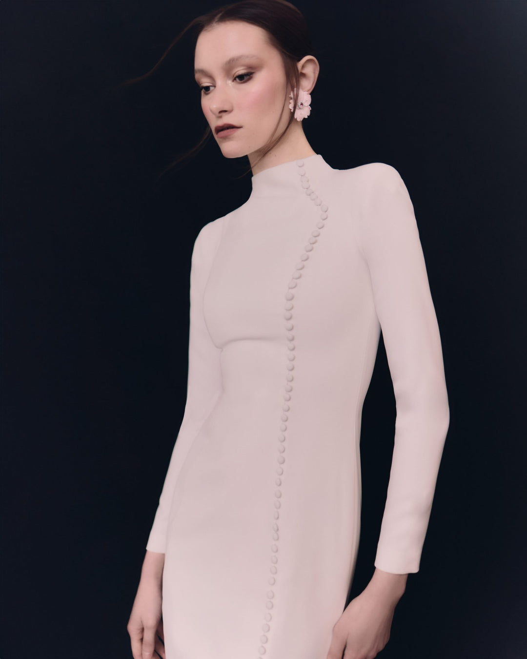 long-sleeve crepe gown with asymmetrical button line – ELIORA