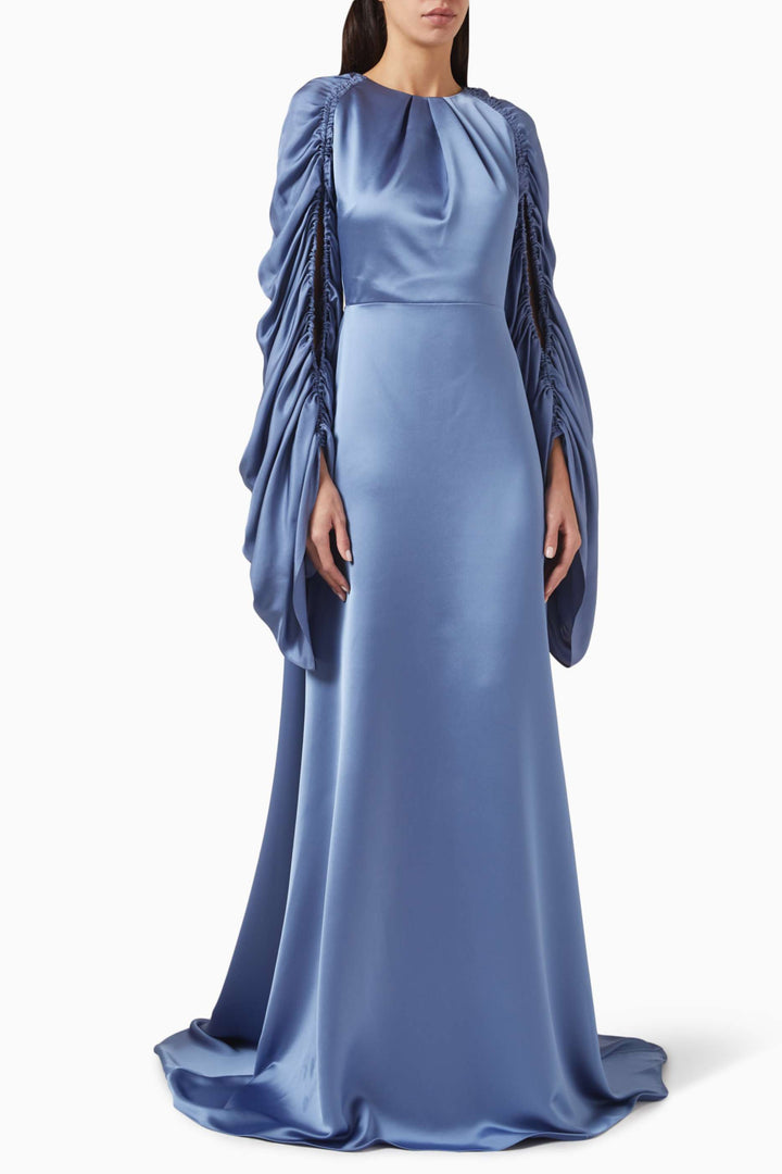 draped ruched-sleeve satin gown – CELESTE