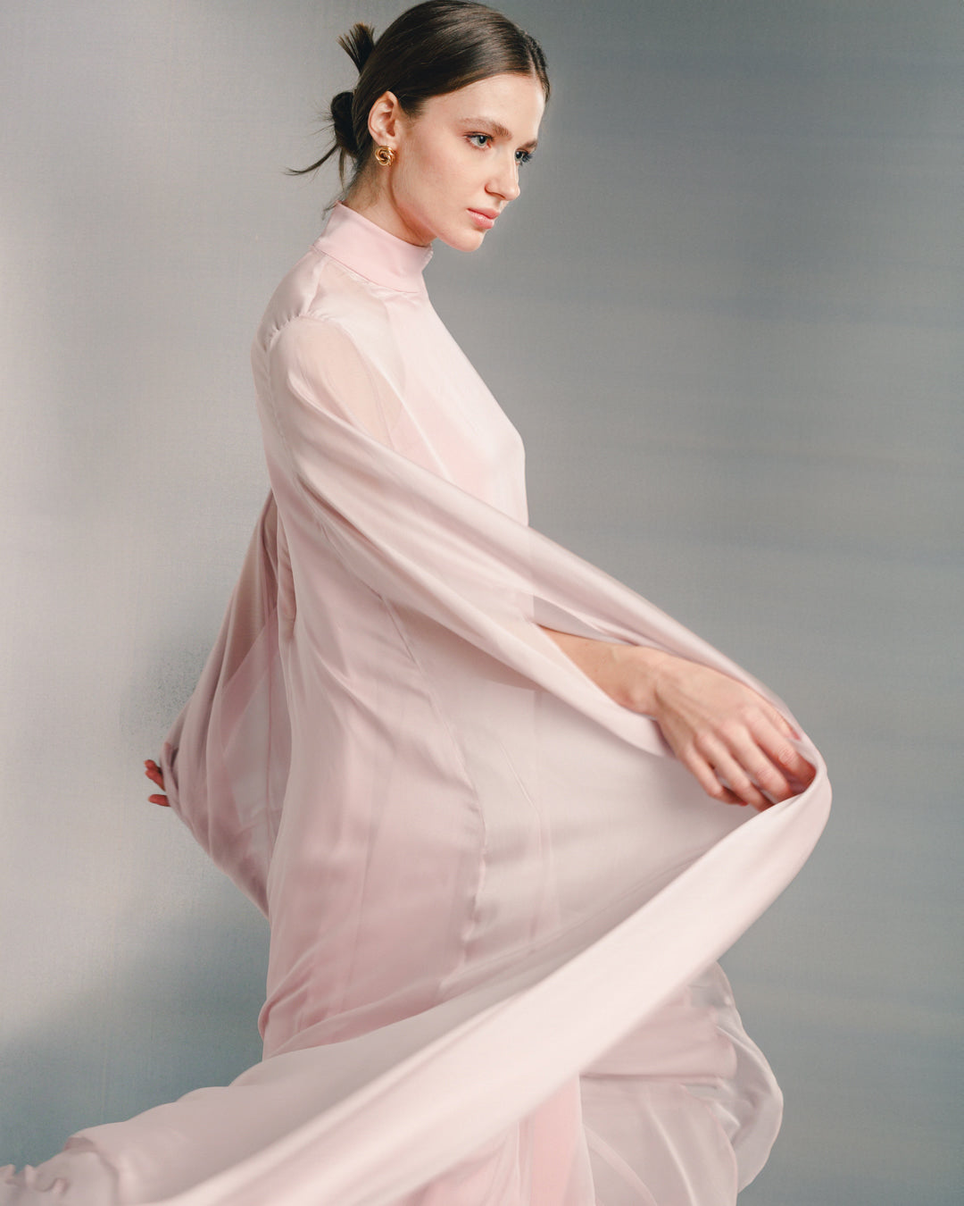 sheer cape maxi gown with high neckline – BLUSH