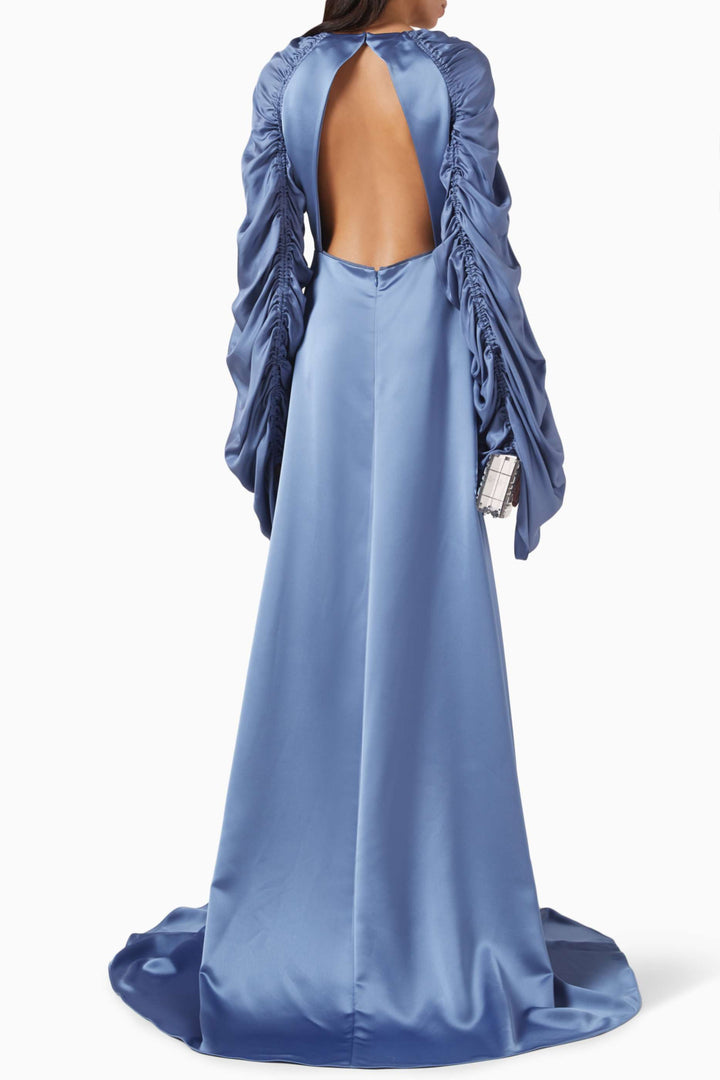 draped ruched-sleeve satin gown – CELESTE