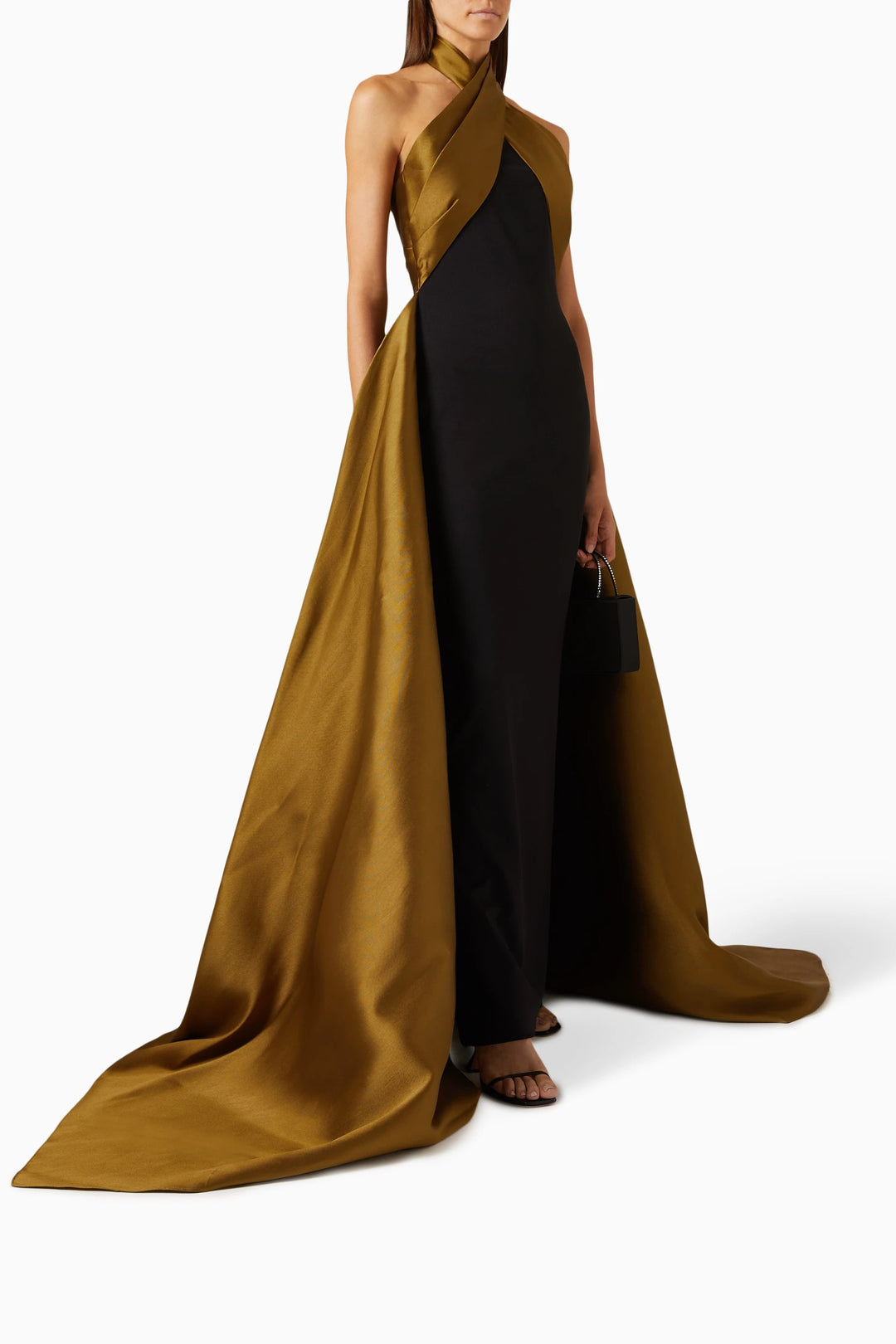 halter-neck satin gown with draped overlay – SCARLET